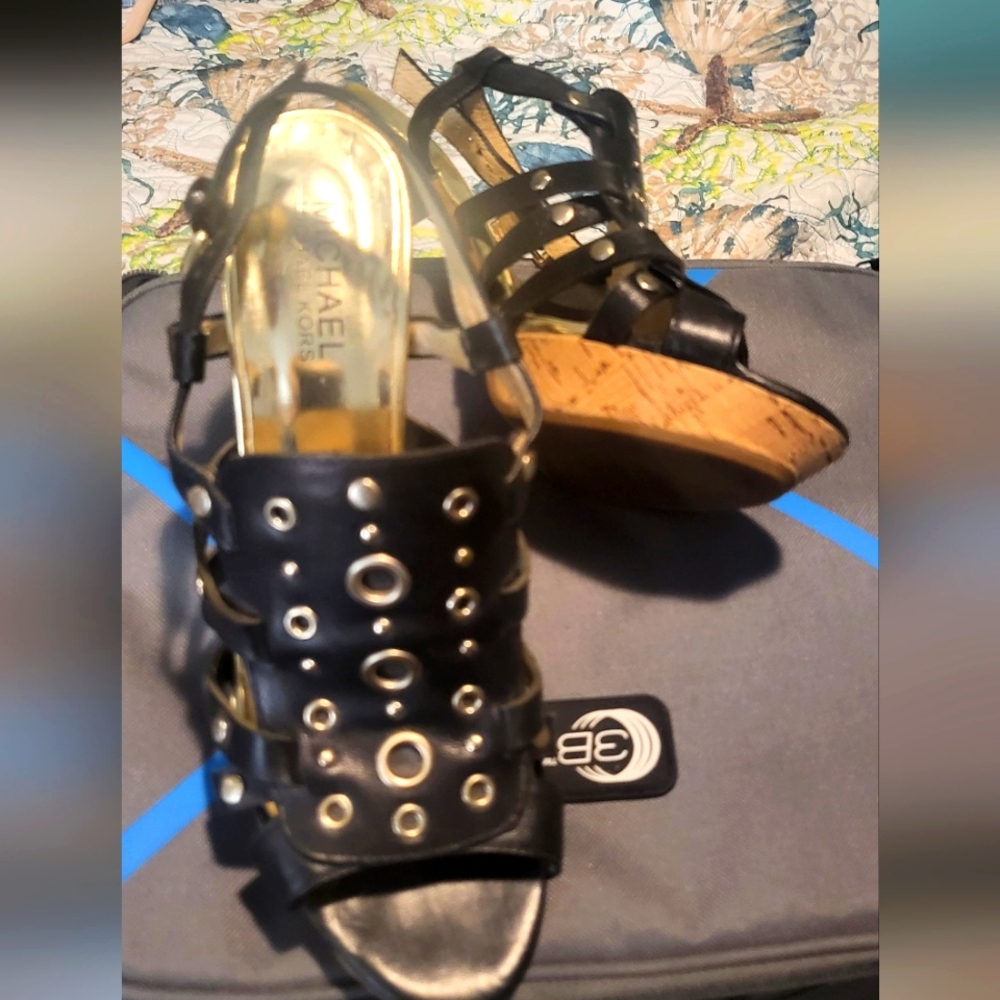 Michael Kors leather cork high heeled sandals, black with gold grommets, 8